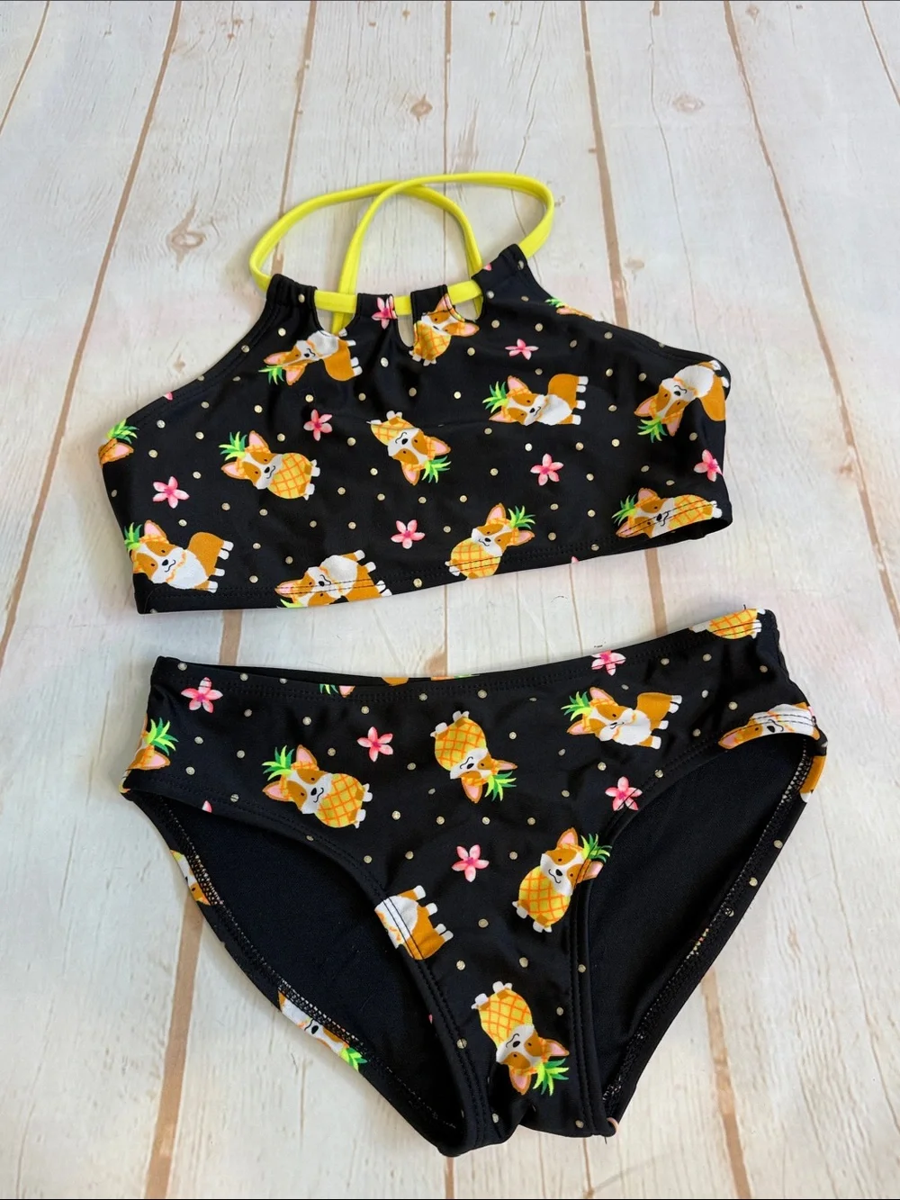 Cat & Jack Black Pineapple Corgi Two-Piece Cutout Neck Strappy Swim Set